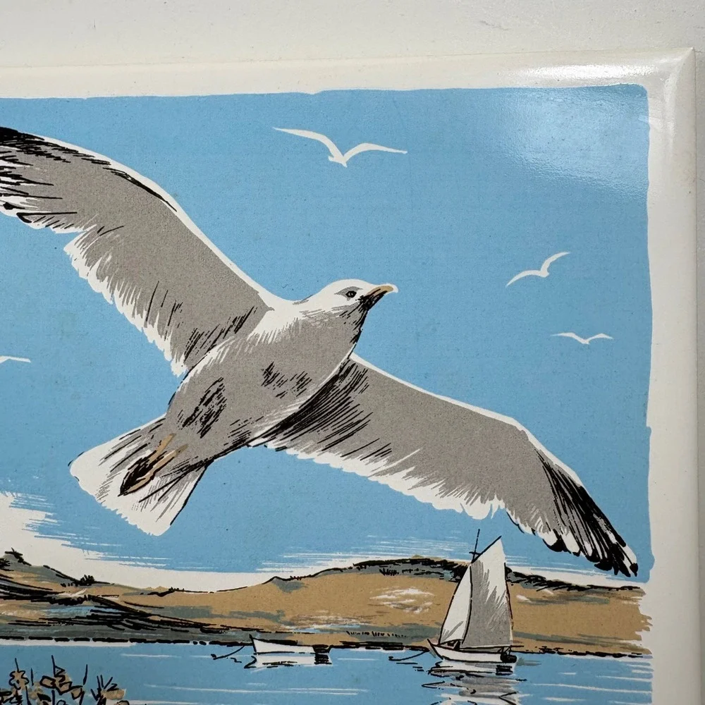 Screen Craft Hand Decorated Ceramics Seagull Sailboat Lake‎ Scene Tile Wall Art